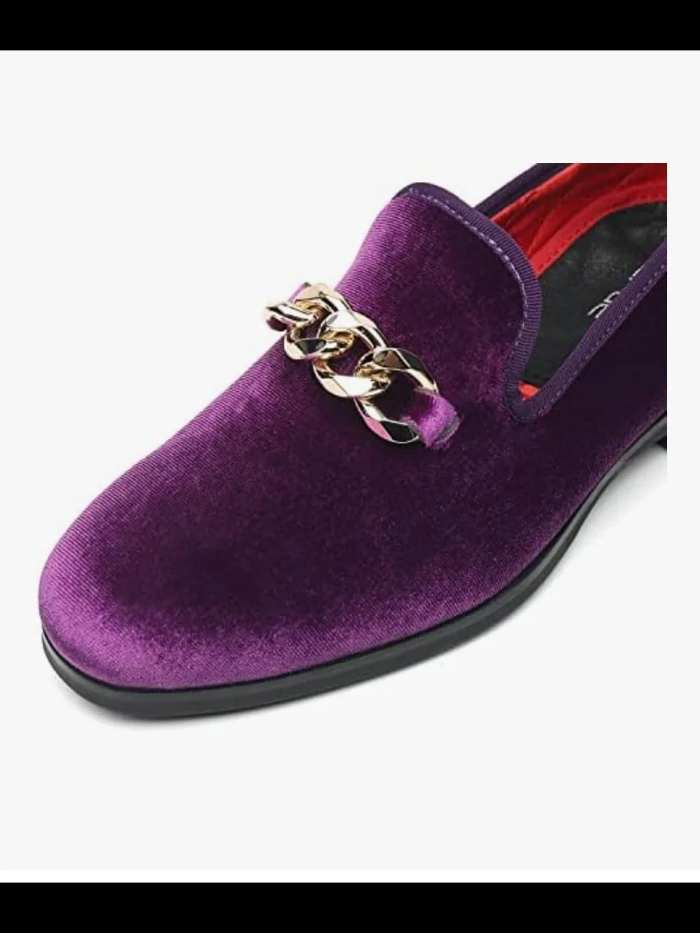 Men's Purple Velvet Slip-On Loafers with Gold Chain Accent - Picture 2 of 4